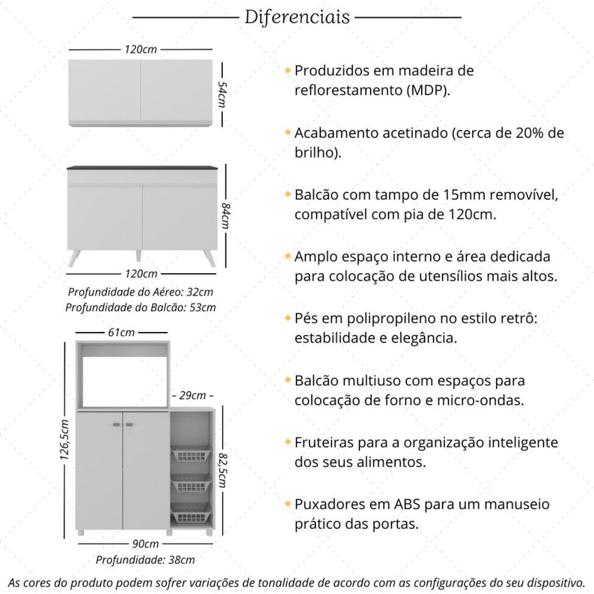 Cozinha Completa Compacta Armário Balcão FL2254 Multimóveis Branco/Dourado - imagem 3