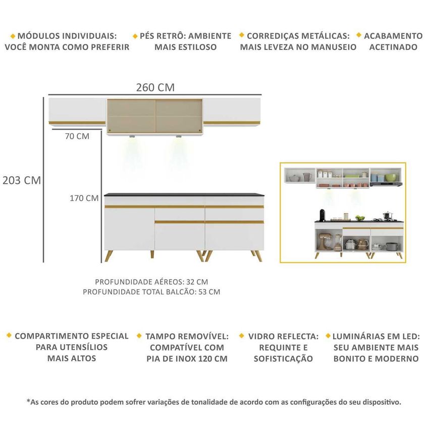 Cozinha Completa Compacta Armário LED FL2033 Veneza Multi Branco/Dourado - imagem 3