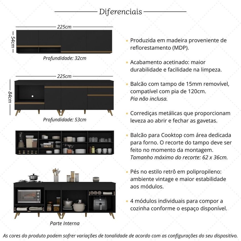 Cozinha Completa Compacta Armário Balcão FL2262 Veneza Multi Preto/Dourado - imagem 3