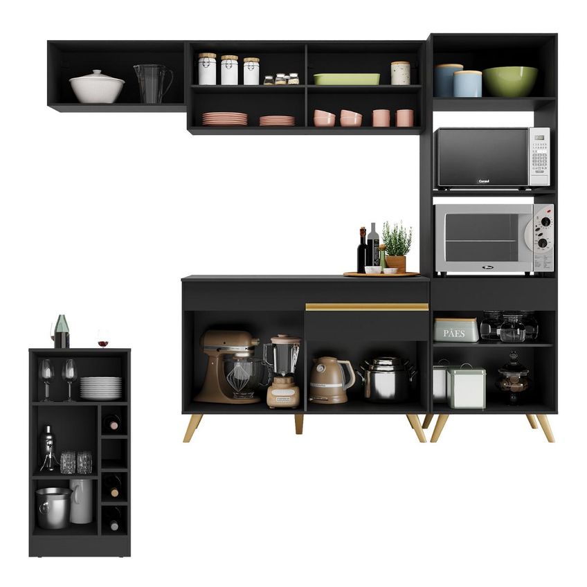 Armário De Cozinha Compacta E Bancada FL2208 Veneza Multi Preto/Dourado - imagem 4