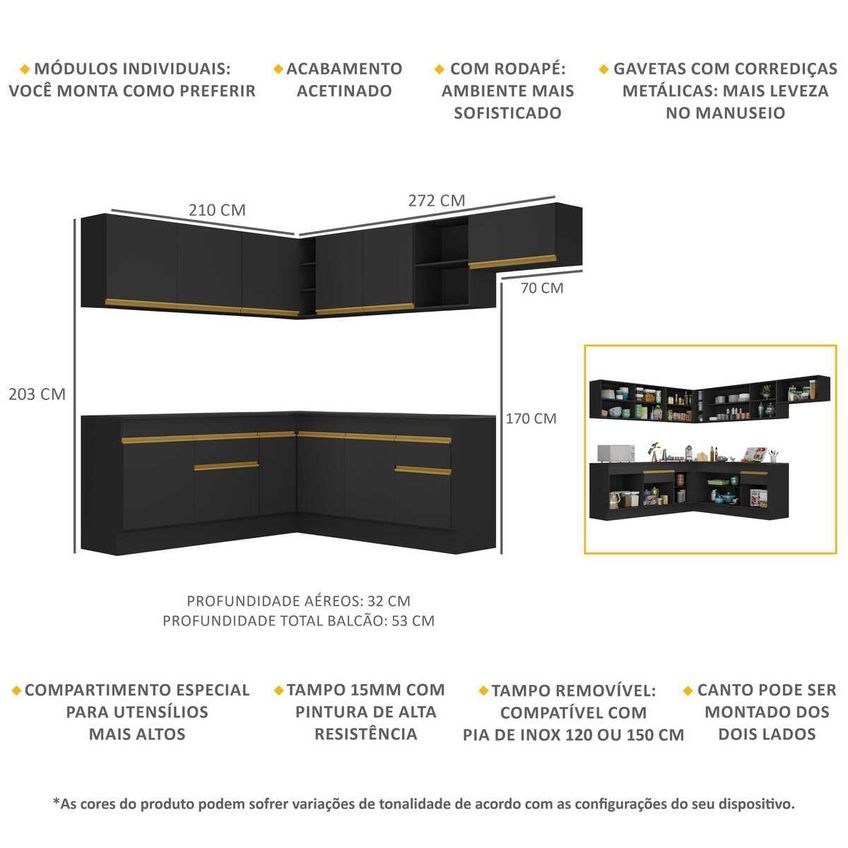 Cozinha Completa Compacta Armário Canto FL2103 Veneza Multi Preto/Dourado - imagem 3