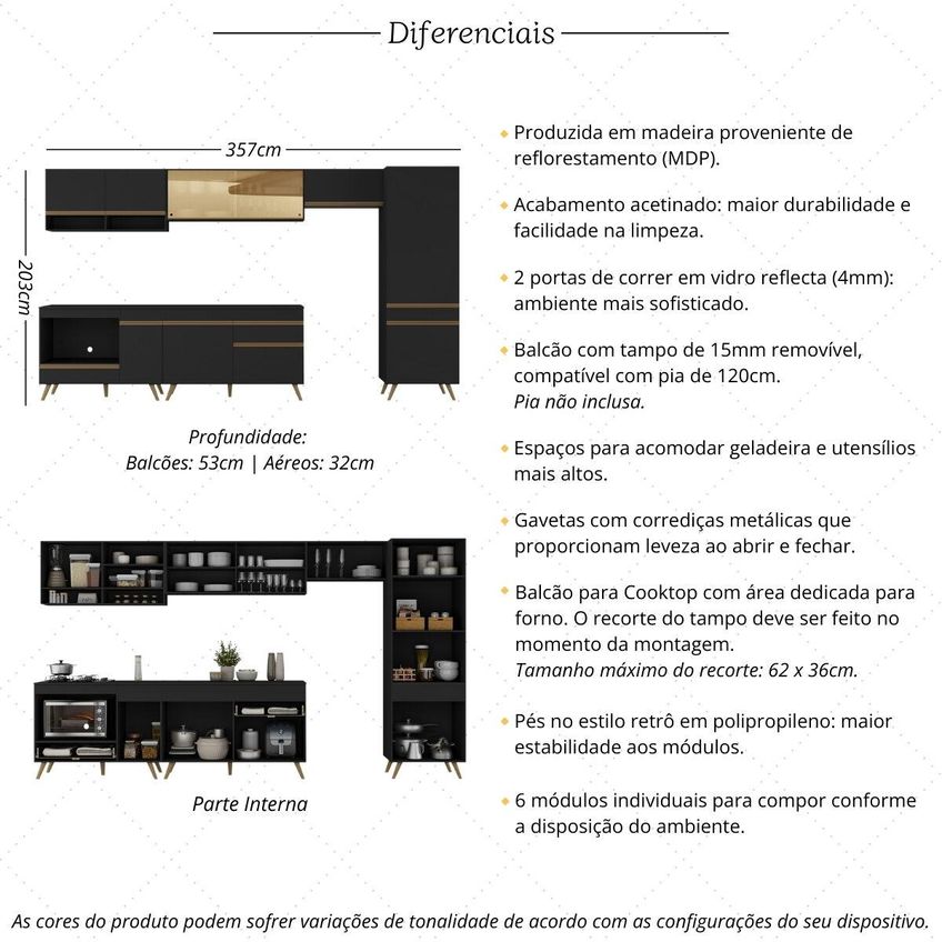 Cozinha Completa Compacta Armário Balcão FL2275 Veneza Multi Preto/Dourado - imagem 3