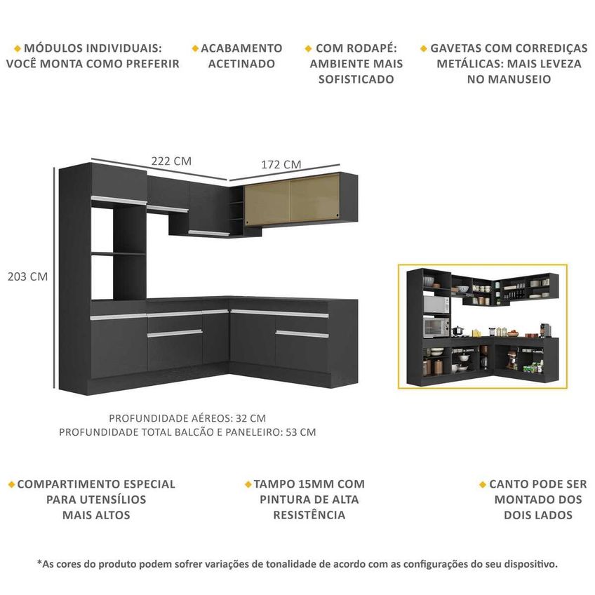 Cozinha Completa Compacta Armário Canto FL2099 Veneza Multi Preto/Branco - imagem 3