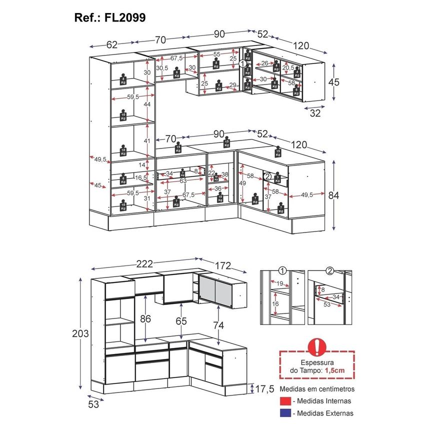 Cozinha Completa Compacta Armário Canto FL2099 Veneza Multi Preto/Branco - imagem 4