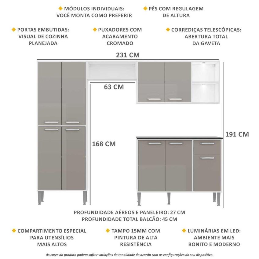 Armário De Cozinha Compacta LED FL3414 Xangai Multi Branco/Lacca Fumê - imagem 3