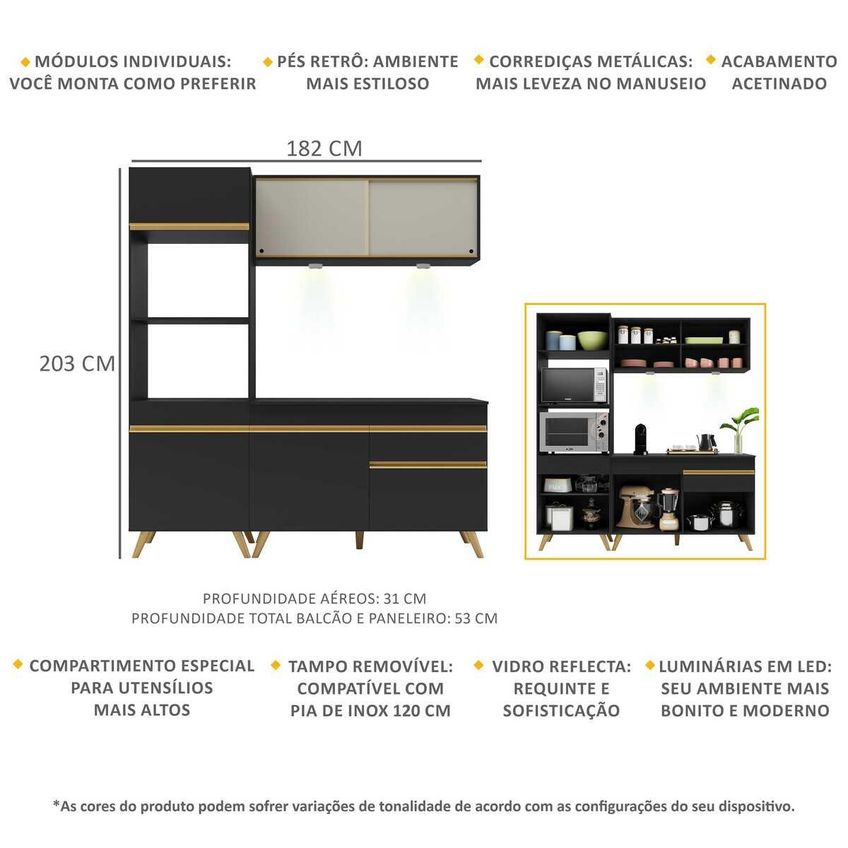 Cozinha Completa Compacta Armário LED FL2020 Veneza Multi Preto/Dourado - imagem 3
