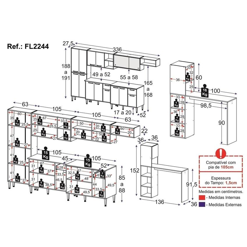Cozinha Completa Compacta Armário Bancada Fl2244 Siena Multi Branco - imagem 4