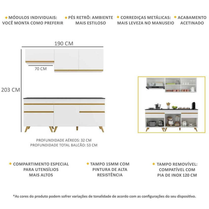 Cozinha Completa Compacta Armário Balcão FL3705 Veneza Multi Branco/Dourado - imagem 3