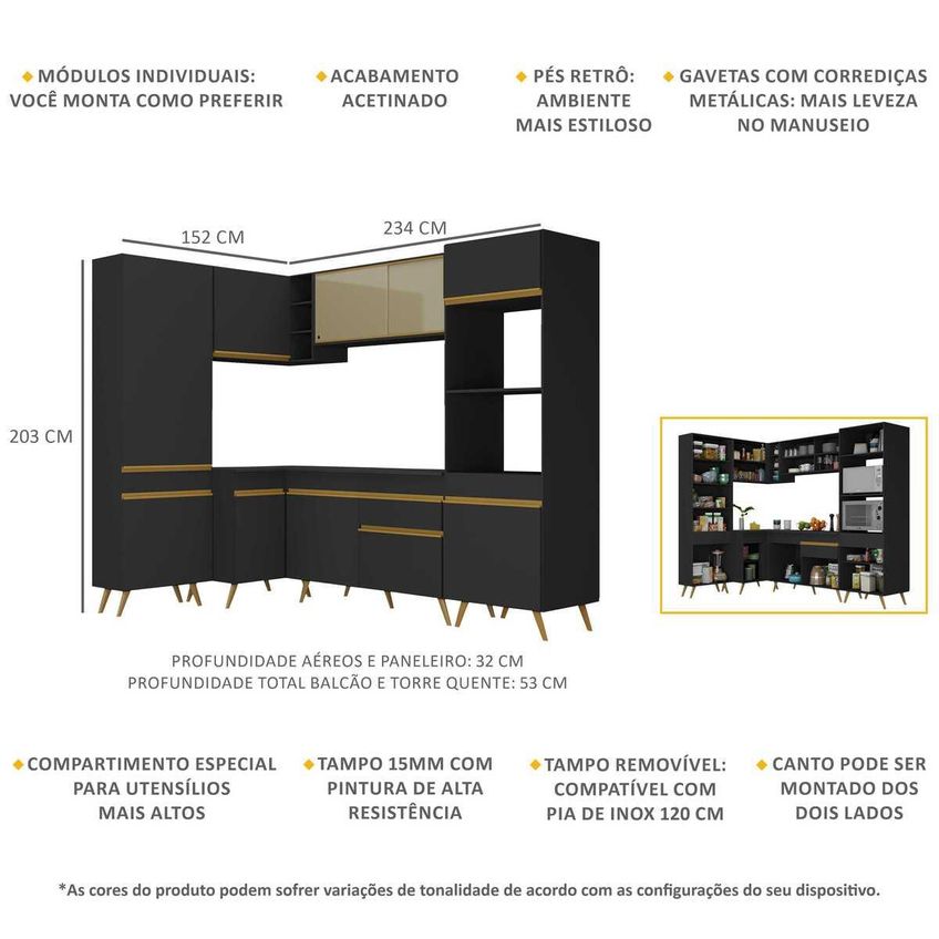 Cozinha Completa Compacta Armário Canto FL2050 Veneza Multi Preto/Dourado - imagem 3