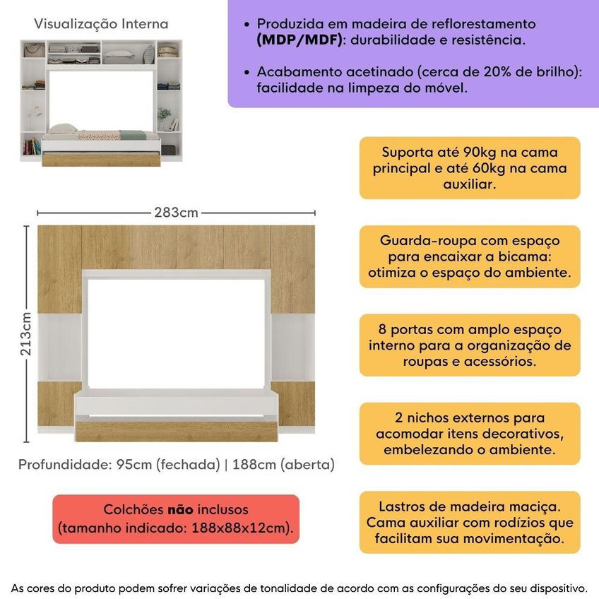 Bicama Solteiro Com Guarda-roupa Para Colchão 188x88cm 8 Portas Multimóveis MP4789 Branco/Madeirado - imagem 3