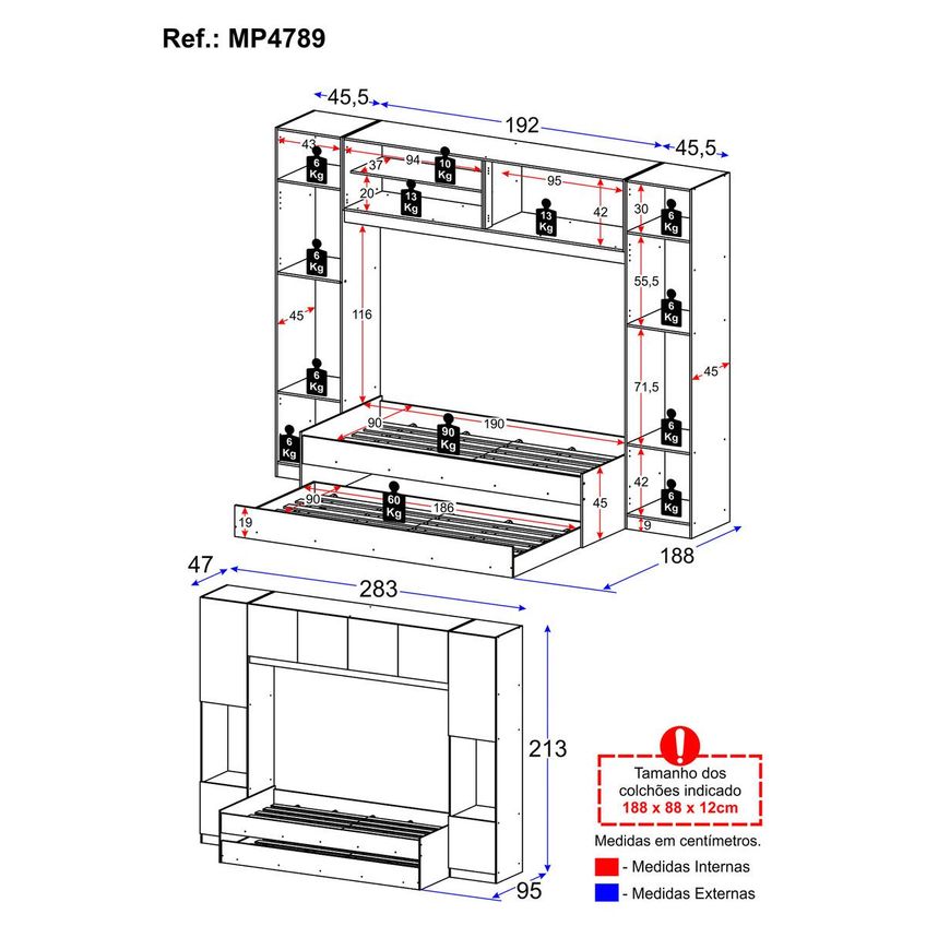 Bicama Solteiro Com Guarda-roupa Para Colchão 188x88cm 8 Portas Multimóveis MP4789 Branco/Madeirado - imagem 4