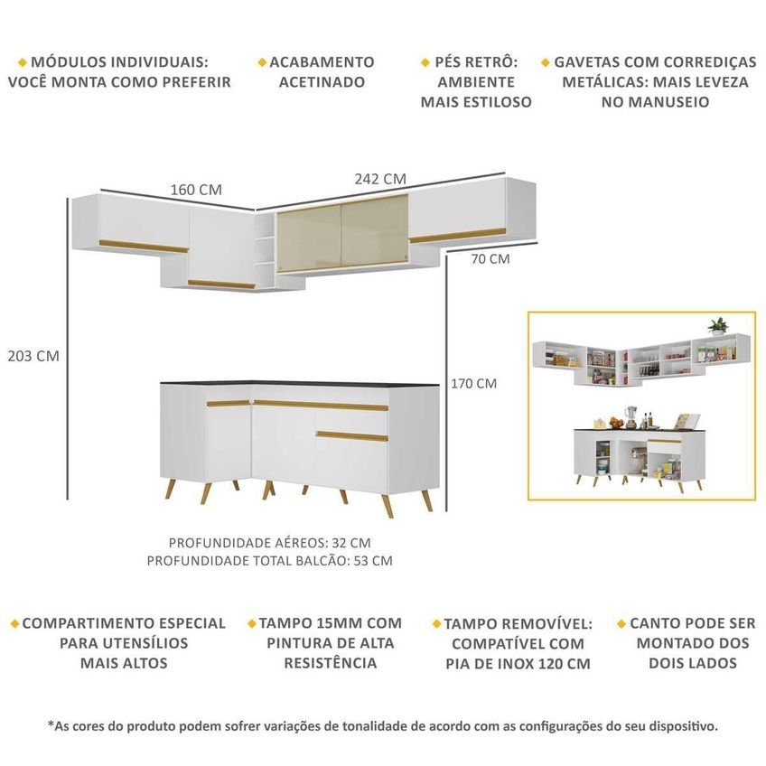 Cozinha Completa Compacta Armário Canto FL2060 Veneza Multi Branco/Dourado - imagem 3