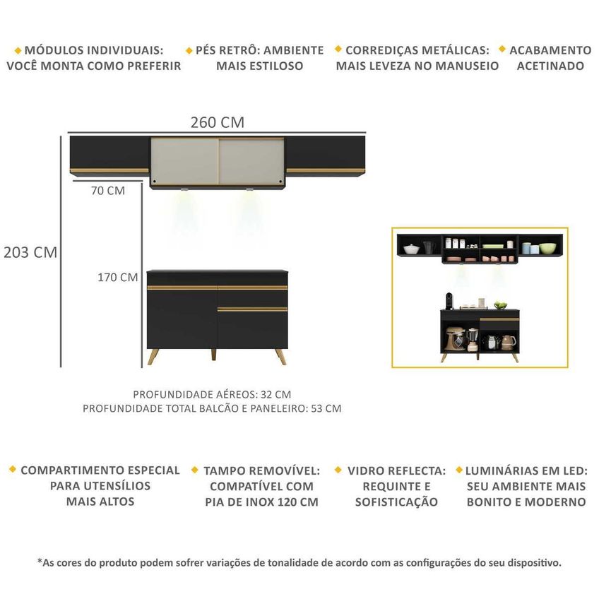 Cozinha Completa Compacta Armário LED FL2023 Veneza Multi Preto/Dourado - imagem 3