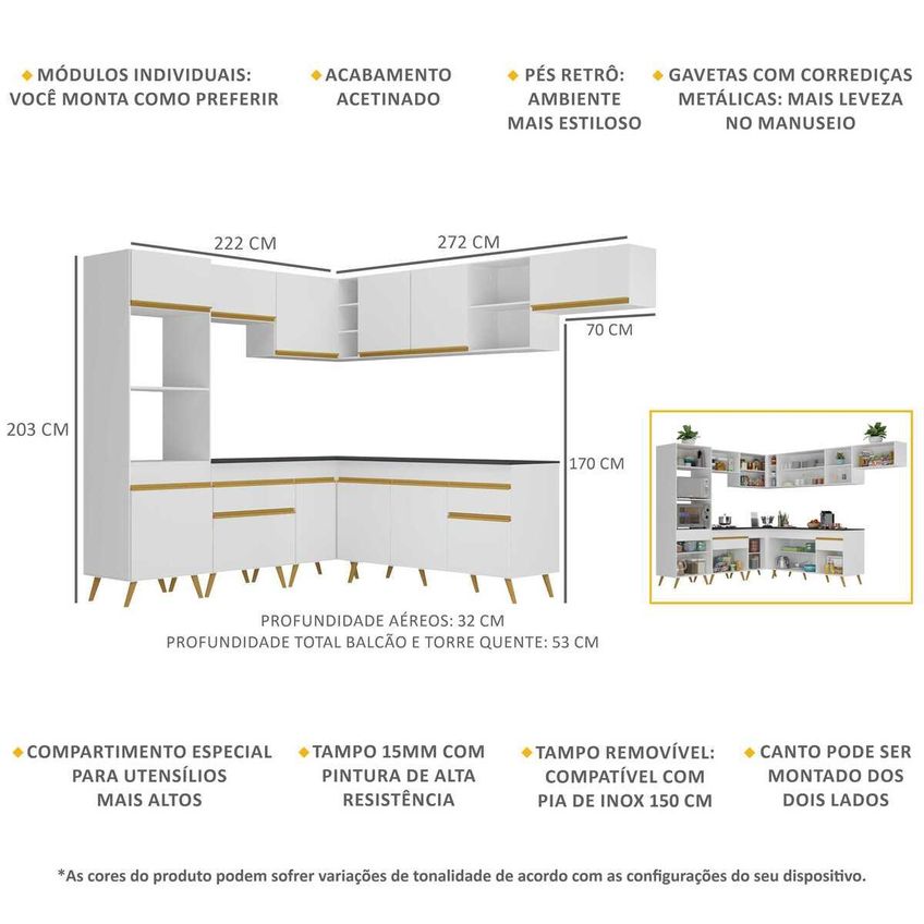 Cozinha Completa Compacta Armário Canto FL2048 Veneza Multi Branco/Dourado - imagem 3