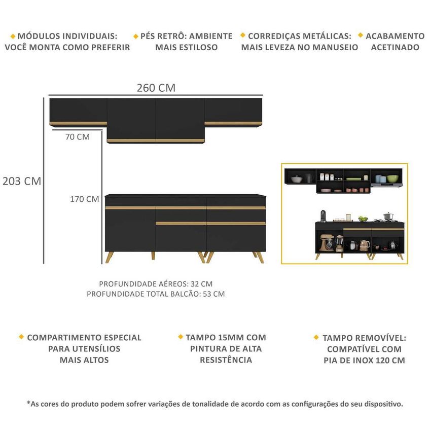Cozinha Completa Compacta Armário Balcão FL3708 Veneza Multi Preto/Dourado - imagem 3