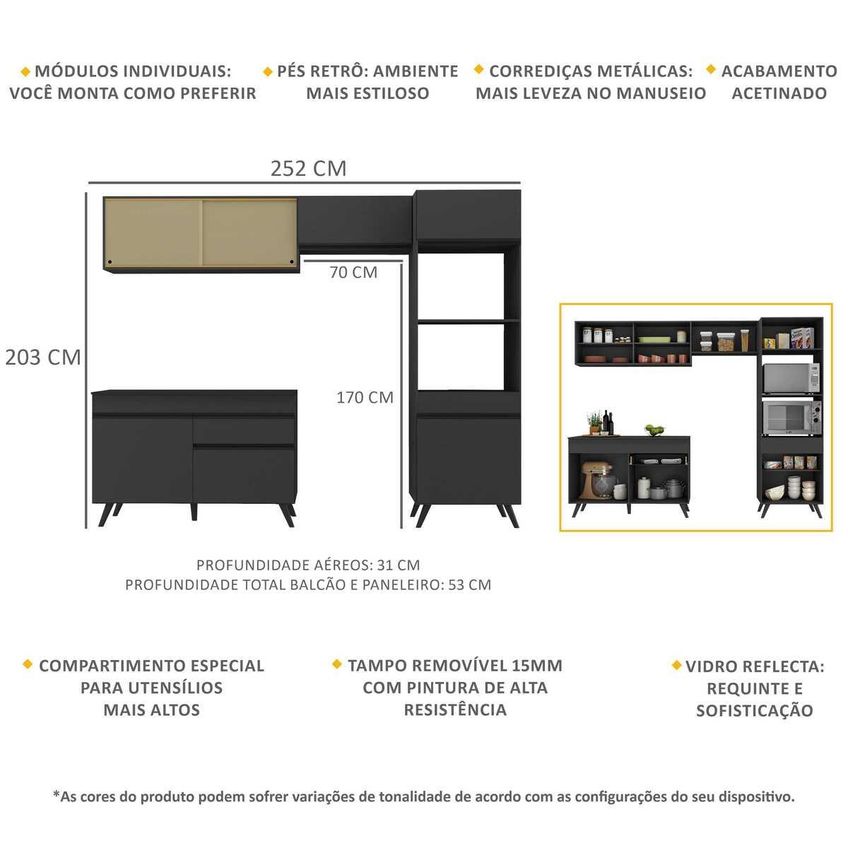 Cozinha Completa Compacta Armário Balcão FL3692 Veneza Multi Preto - imagem 3