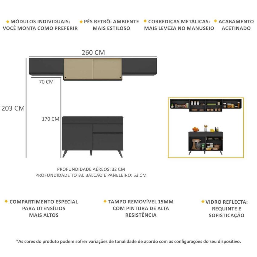Cozinha Completa Compacta Armário Balcão FL3698 Veneza Multi Preto - imagem 3