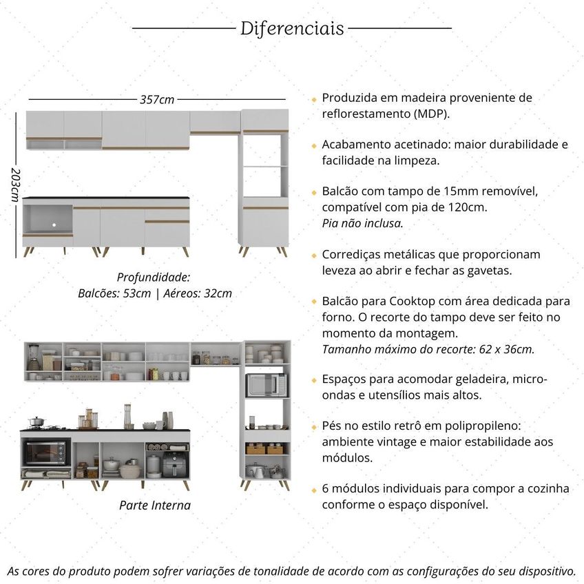 Cozinha Completa Compacta Armário Balcão FL2272 Veneza Multi Branco/Dourado - imagem 3