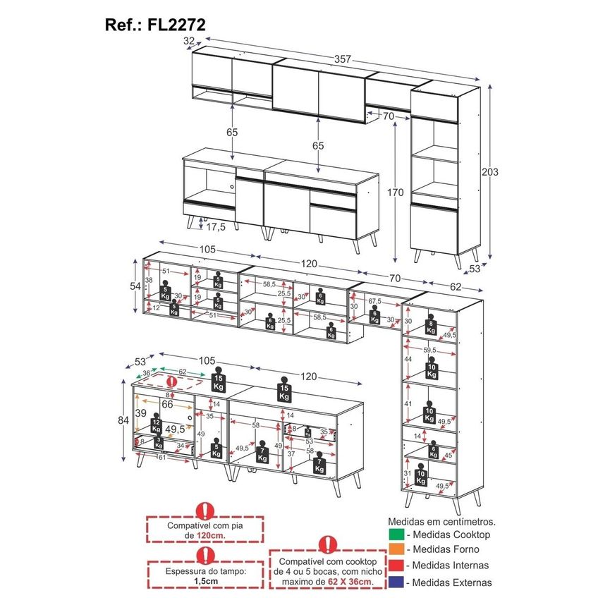Cozinha Completa Compacta Armário Balcão FL2272 Veneza Multi Branco/Dourado - imagem 4