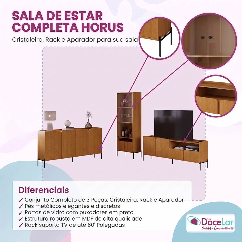 Kit Linha Horus Aparador Cristaleira E Rack Com Pés De Metal - imagem 3
