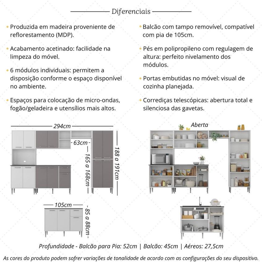Cozinha Completa Compacta Armário Balcão FL2285 Siena Multi Branco/Lacca Fumê - imagem 3