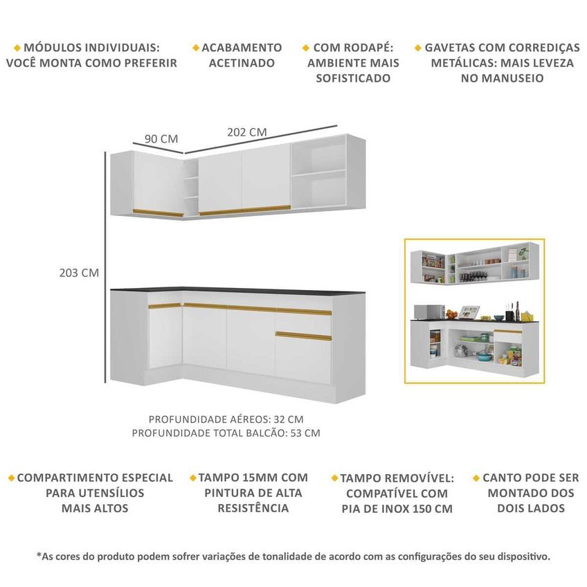 Cozinha Completa Compacta Armário Canto FL2093 Veneza Multi Branco/Dourado - imagem 3