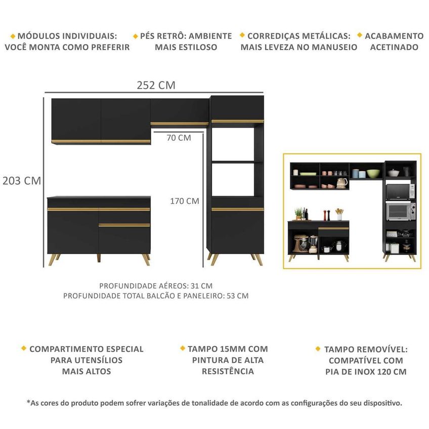 Cozinha Completa Compacta Armário Balcão FL3693 Veneza Multi Preto/Dourado - imagem 3