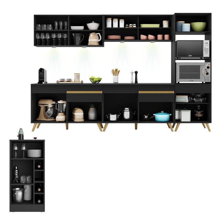 Armário De Cozinha Compacta E Bancada FL2199 Veneza Multi Preto/Dourado - imagem 4