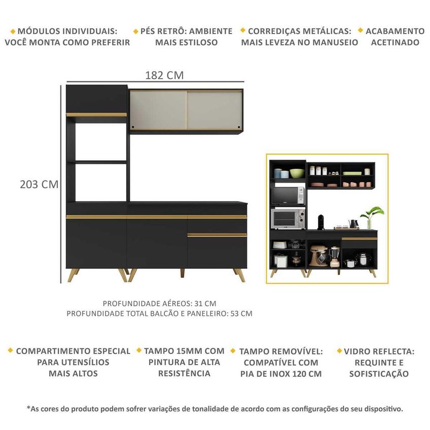 Cozinha Completa Compacta Armário Balcão FL3695 Veneza Multi Preto/Dourado - imagem 3