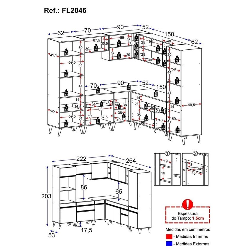 Cozinha Completa Compacta Armário Canto FL2046 Veneza Multi Preto/Dourado - imagem 4
