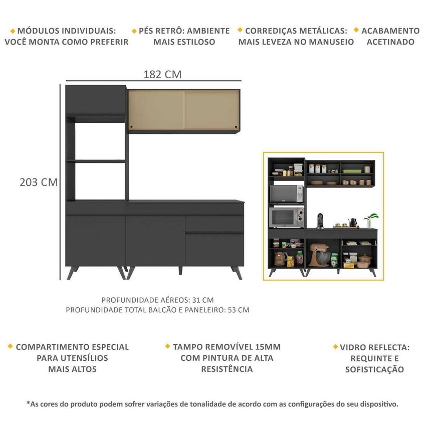 Cozinha Completa Compacta Armário Balcão FL3695 Veneza Multi Preto - imagem 3