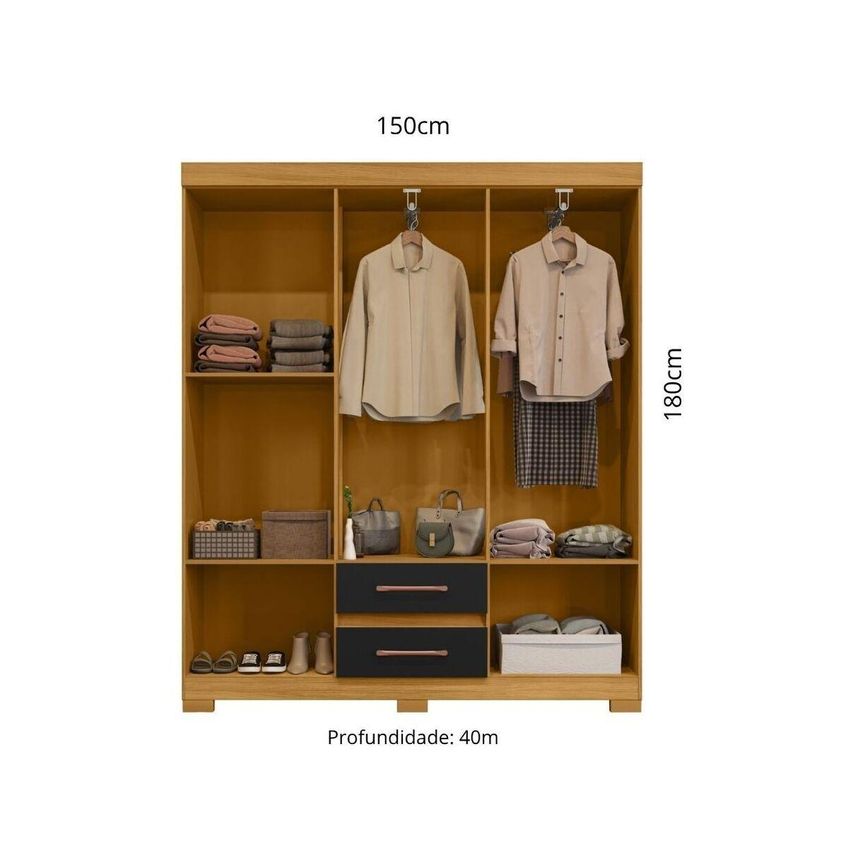 Guarda-roupa Casal Com 6 Portas E 2 Gavetas 150cm Multimóveis CR35677 Madeirado/Preto - imagem 3