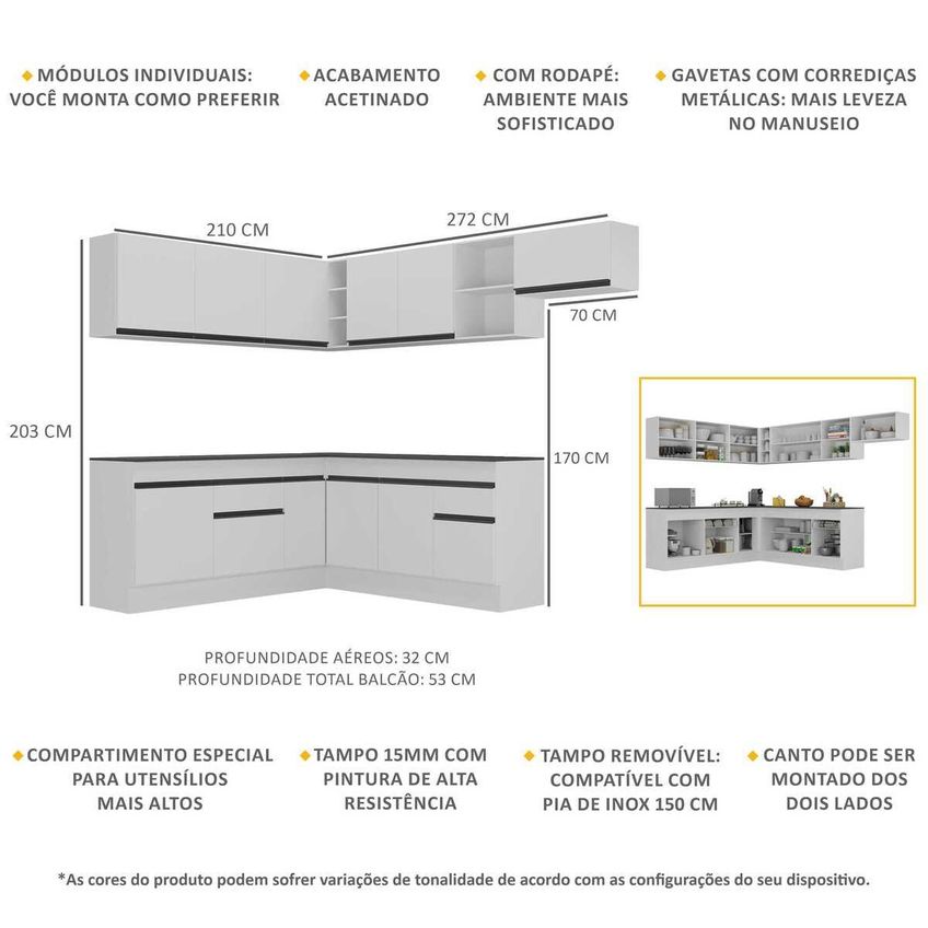 Cozinha Completa Compacta Armário Canto FL2103 Veneza Multi Branco/Preto - imagem 3