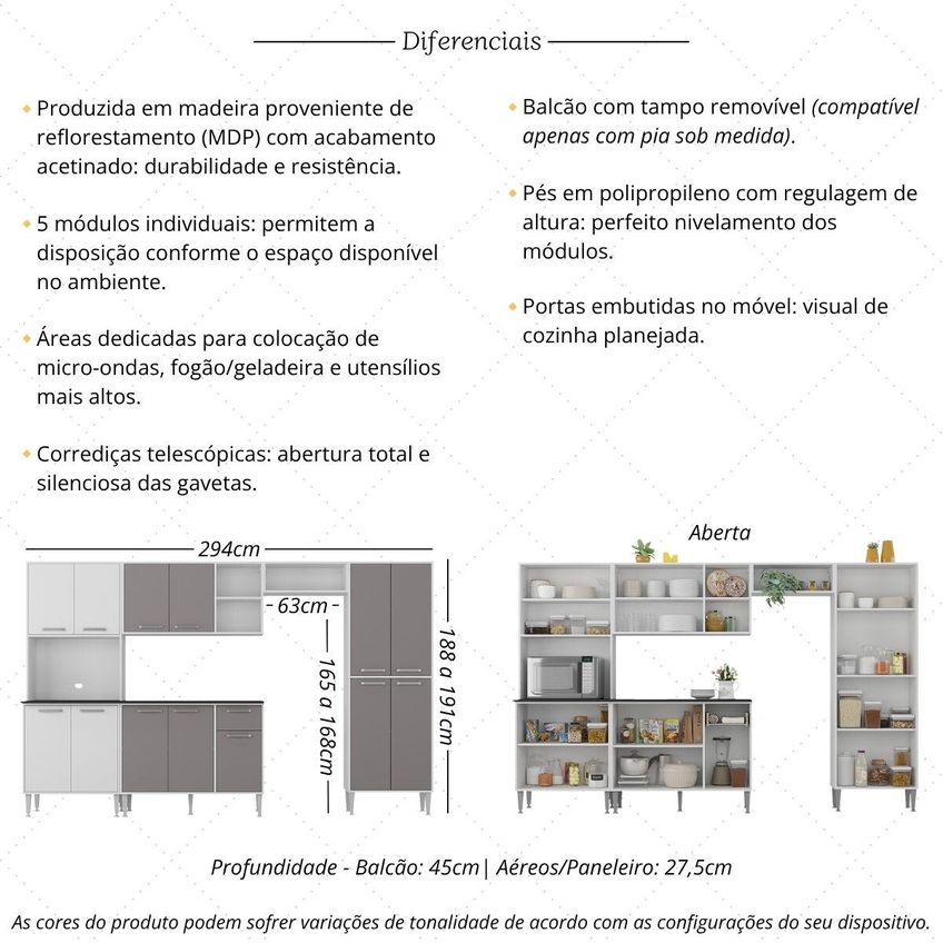 Cozinha Completa Compacta Armário Balcão Fl2280 Multimóveis Branco/lacca Fumê - imagem 3