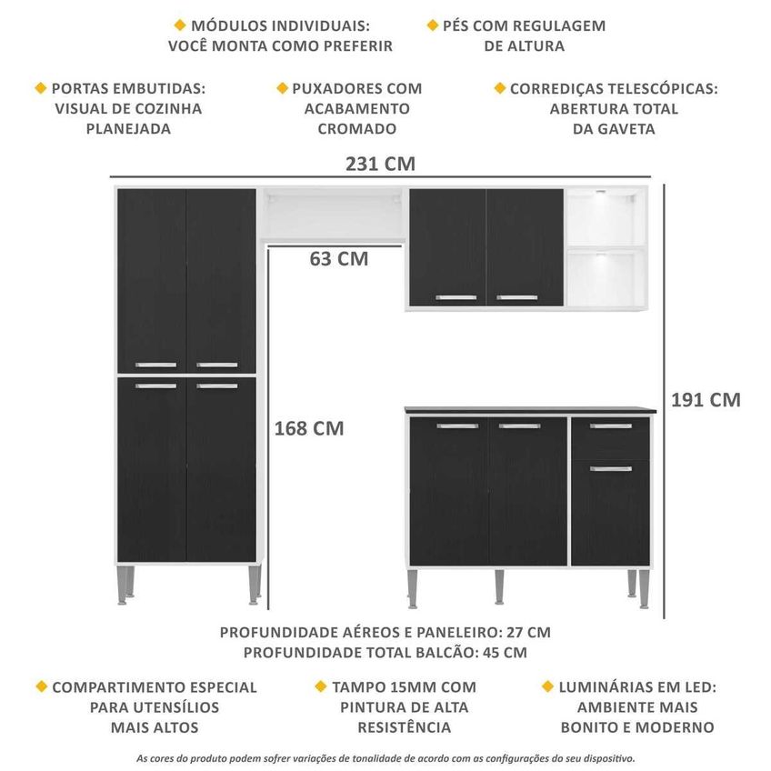 Armário De Cozinha Compacta LED FL3414 Xangai Multi Branco/Preto - imagem 3