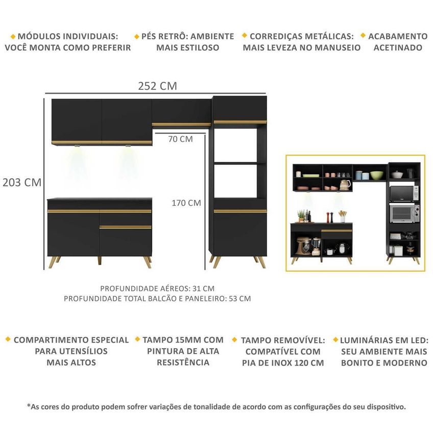 Cozinha Completa Compacta Armário LED FL2018 Veneza Multi Preto/Dourado - imagem 3
