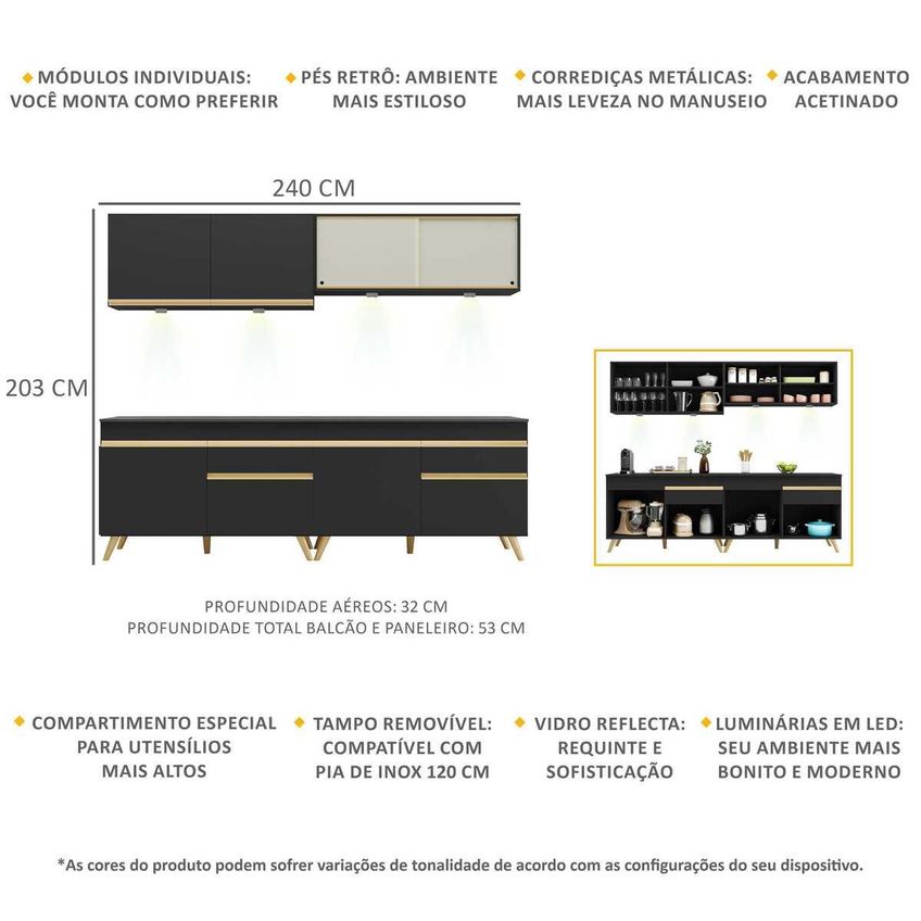 Cozinha Completa Compacta Armário LED FL2021 Veneza Multi Preto/Dourado - imagem 3