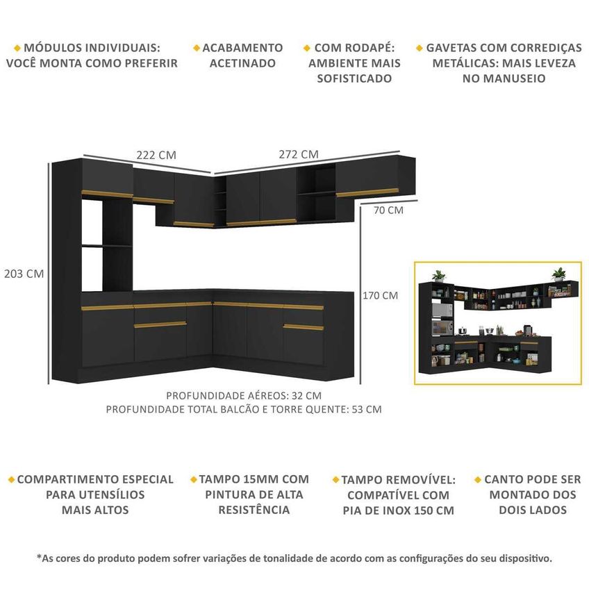 Cozinha Completa Compacta Armário Canto FL2083 Veneza Multi Preto/Dourado - imagem 3