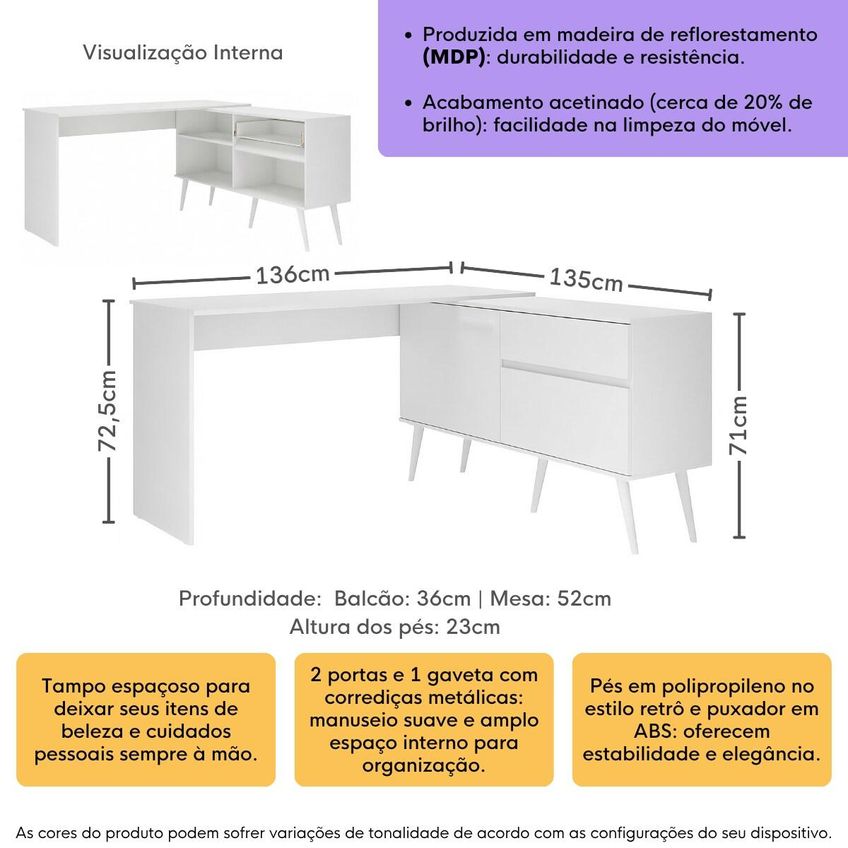 Penteadeira Escrivaninha De Canto 2 Portas 1 Gaveta Celina Multimóveis MP4792 Branco - imagem 3