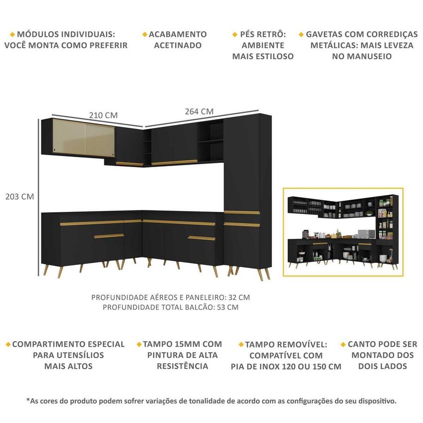 Cozinha Completa Compacta Armário Canto FL2065 Veneza Multi Preto/Dourado - imagem 3