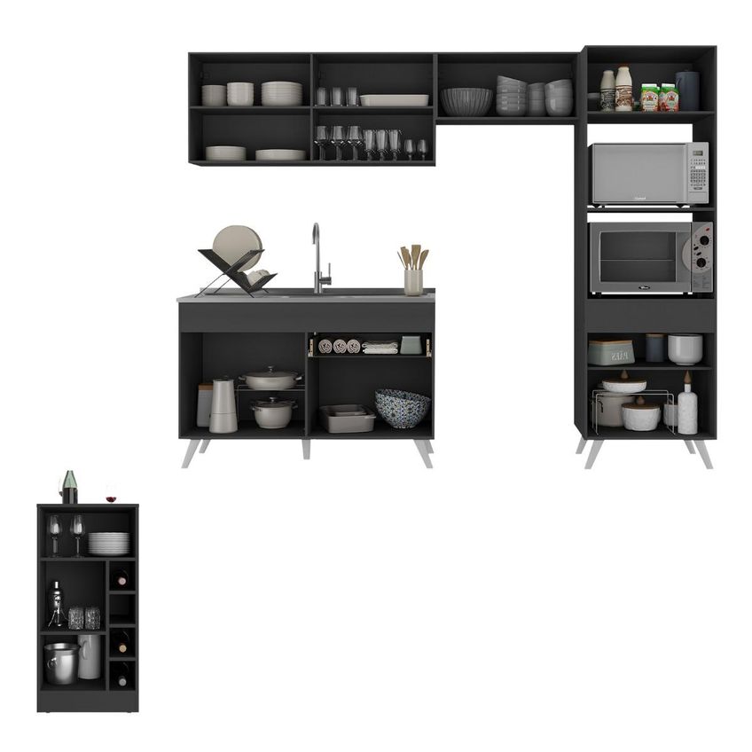 Cozinha Completa Com Mesa Armário Balcão Fl2210 Veneza Multi Preto/Branco - imagem 4