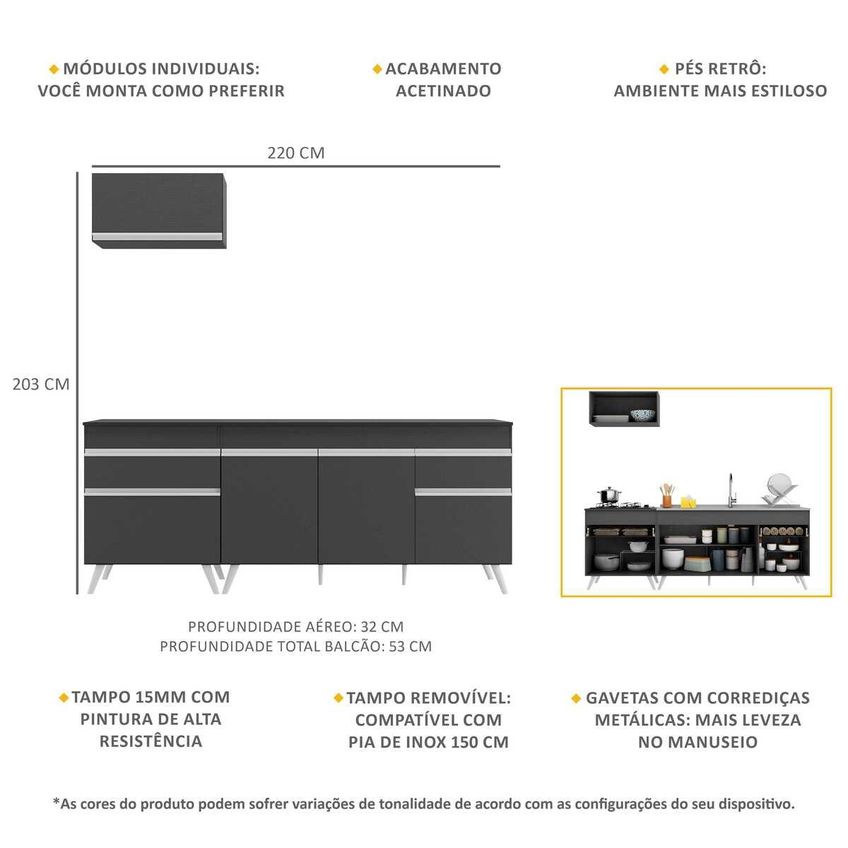 Cozinha Completa Compacta Armário Balcão FL2074 Veneza Multi Preto/Branco - imagem 3