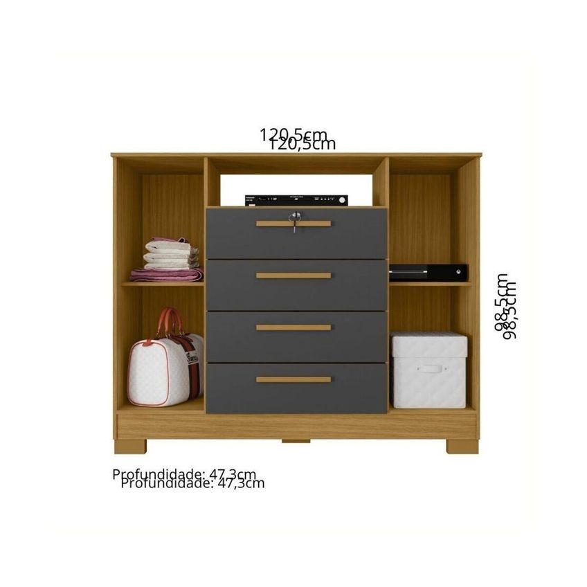 Cômoda Com 2 Portas 4 Gavetas E Chave 120,5cm Multimóveis Cr35668 Madeirado/cinza - imagem 3