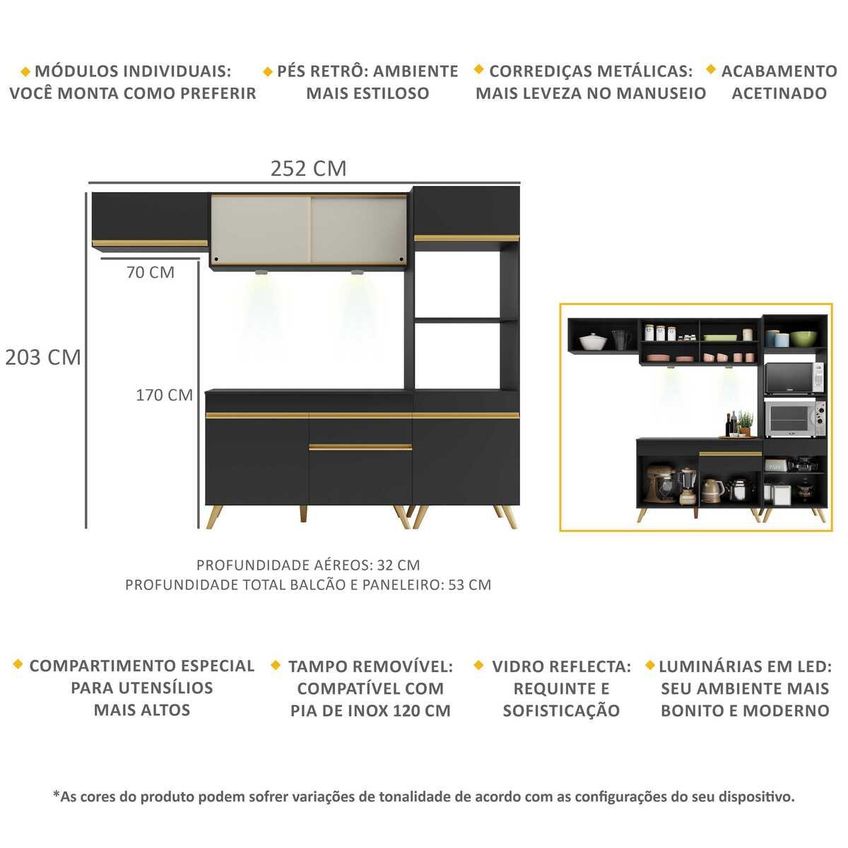 Cozinha Completa Compacta Armário LED FL2016 Veneza Multi Preto/Dourado - imagem 3