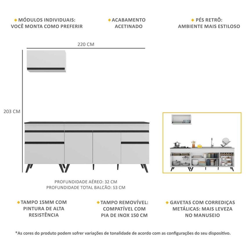 Cozinha Completa Compacta Armário Balcão FL2074 Veneza Multi Branco/Preto - imagem 3