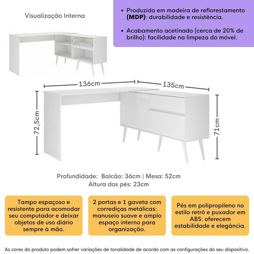 Mesa Gamer Em L Para Computador 2 Portas 1 Gaveta Strike Multimóveis Mp6051 Branco - imagem 3