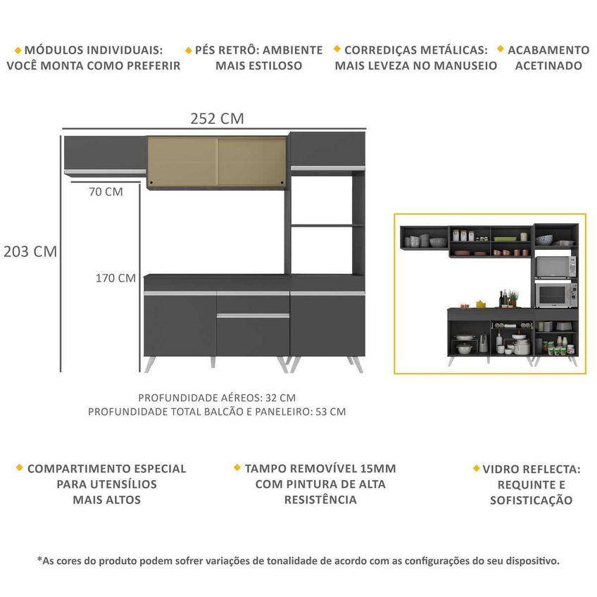 Cozinha Completa Compacta Armário Balcão FL3691 Veneza Multi Preto/Branco - imagem 3