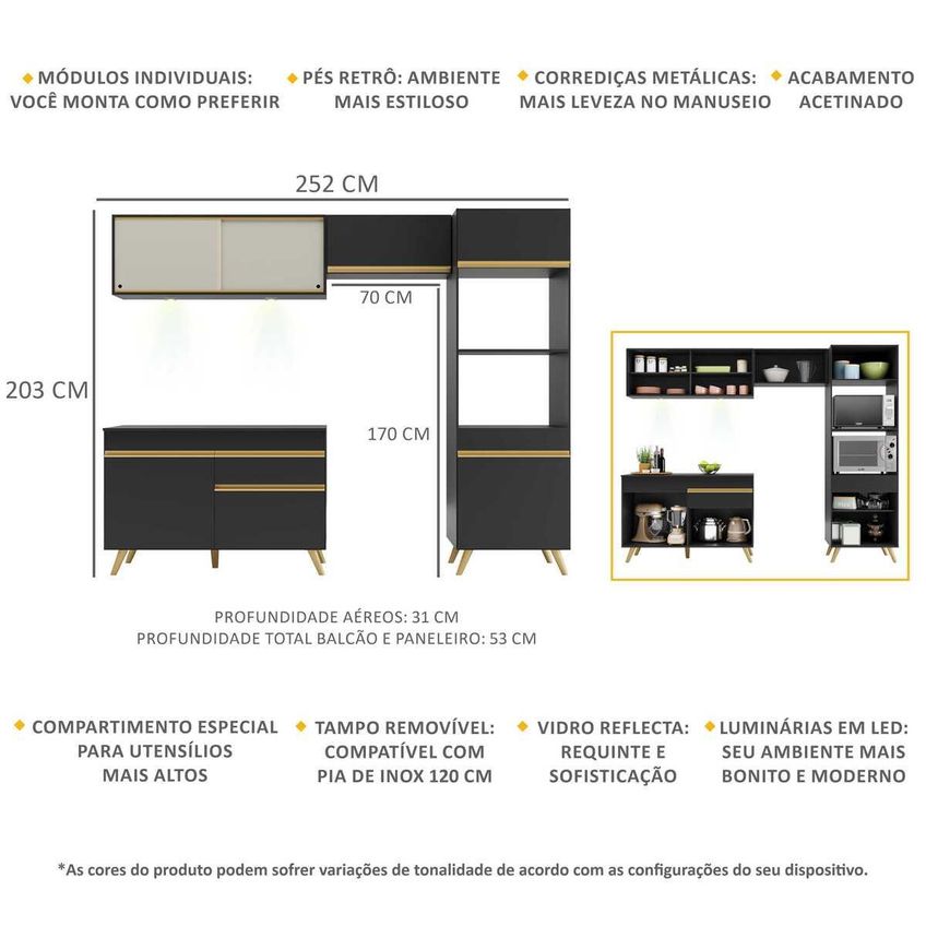 Cozinha Completa Compacta Armário LED FL2017 Veneza Multi Preto/Dourado - imagem 3