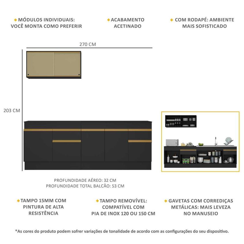 Cozinha Compacta Armário Balcão E Rodapé Fl2112 Veneza Multi Preto/Dourado - imagem 3