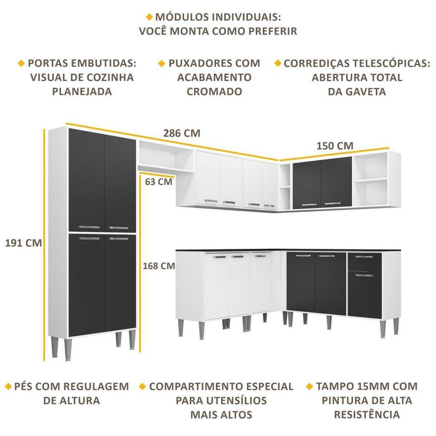 Armário De Cozinha Compacta Canto FL3163 Xangai Multi Branco/Preto - imagem 3